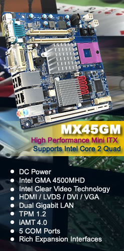 Intel GM45 Mini ITX supports intel Core 2 Duo, Intel GMA 4500MHD Graphics Engine, DC-in Onboard