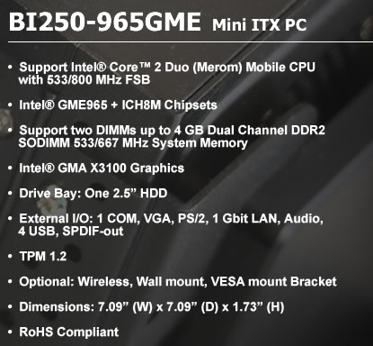 BI250-965GME Mini ITX PC spec