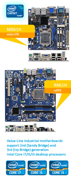 Value-Line industrial motherboards supports 2nd (Sandy Bridge) and 3rd (Ivy Bridge) generation Intel Core i7/i5/i3 desktop processors